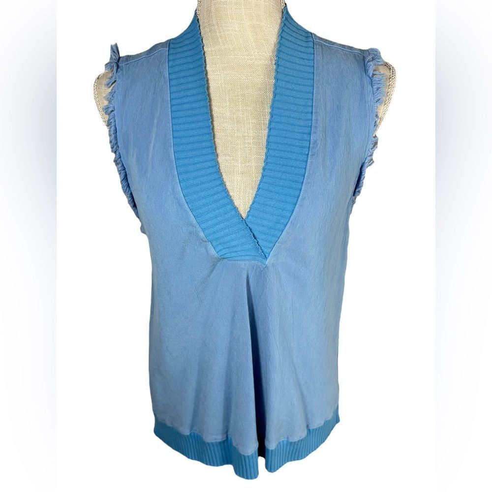 Maven West Santorine Blue Knit V Neck Raw Hem Tank Top